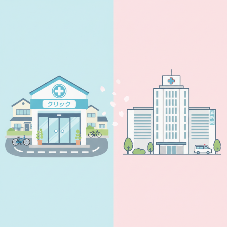 Healthcare in Japan illustration - clinic vs hospital