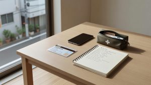 Checklist notebook, residence card, phone and first aid pouch on a table