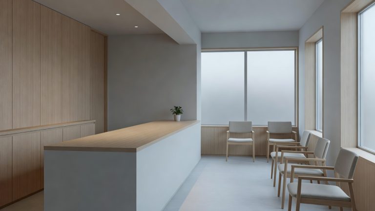 Quiet modern dental clinic waiting area in Japan with natural light and simple seating