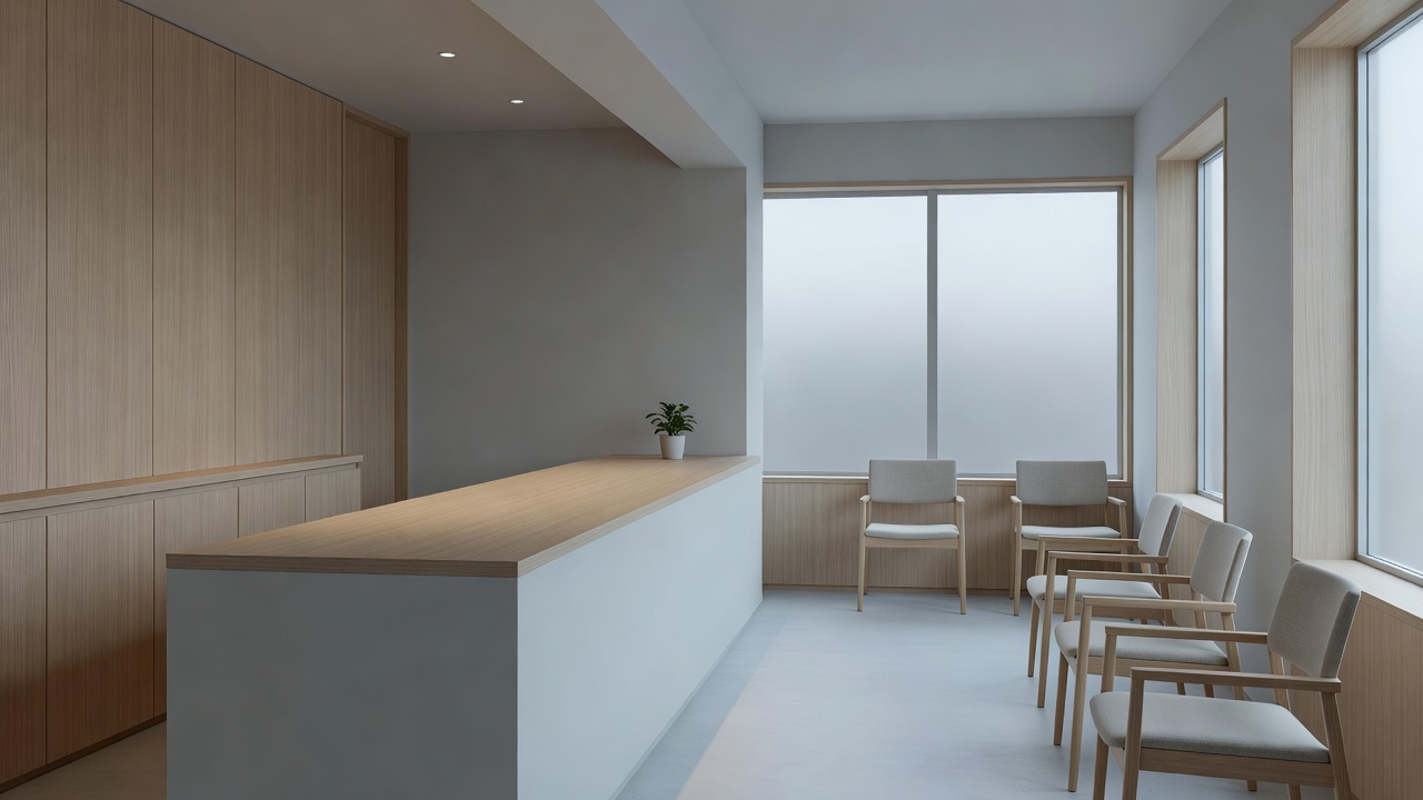 Quiet modern dental clinic waiting area in Japan with natural light and simple seating
