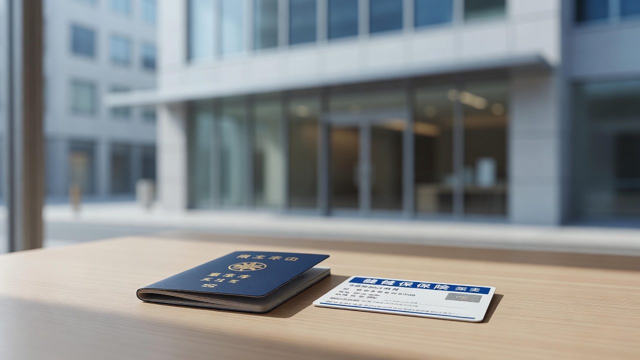 Passport and health insurance card on a table with a Japanese clinic in the background