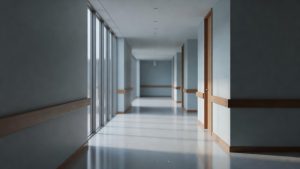 Quiet hospital corridor in Japan, soft daylight, calm healthcare setting for maternity planning guide