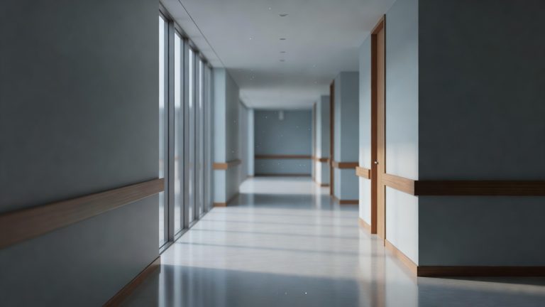 Quiet hospital corridor in Japan, soft daylight, calm healthcare setting for maternity planning guide
