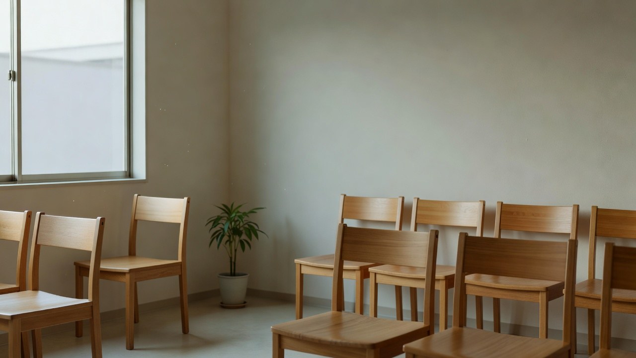 Quiet Japanese clinic waiting room with soft natural light, empty chairs and a plant