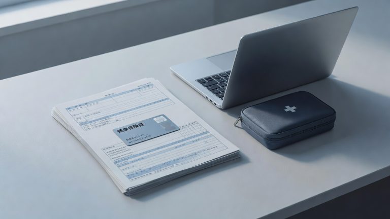 Desk with insurance paperwork, insurance card, laptop and travel medical kit