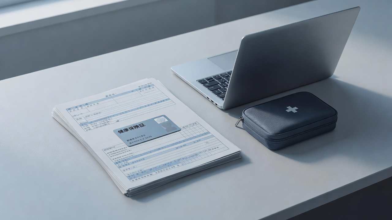 Desk with insurance paperwork, insurance card, laptop and travel medical kit