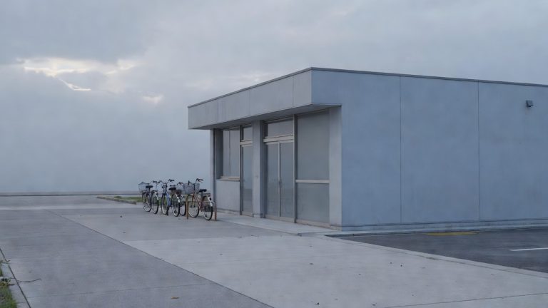 Quiet Japanese municipal building exterior on an overcast morning, representing city hall health insurance errands for expats between jobs